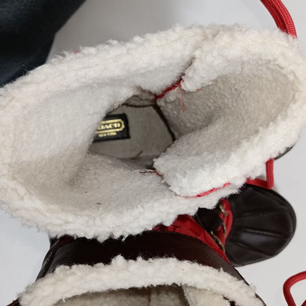 Coach Women's Laura Boots Size 6B Red And Brown Logo Sherpa Lined Lace Up - Picture 8 of 9
